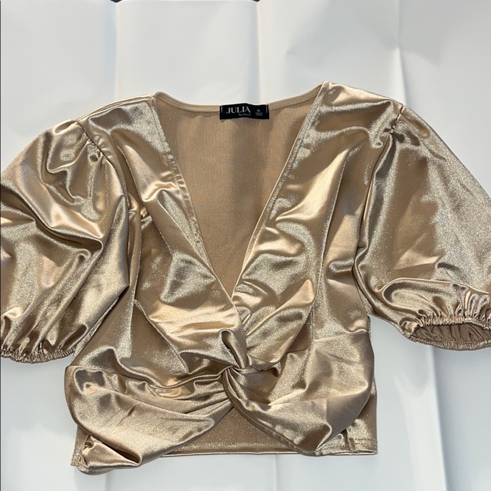 Gold Satin Puff Sleeve Top